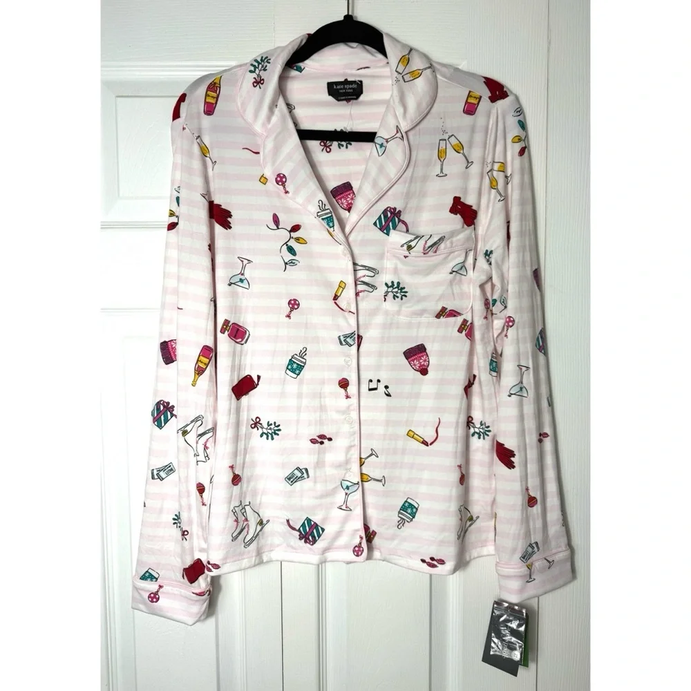 Kate Spade Holiday Cheer Pink White Stripe Button Front PJ Top Size Small